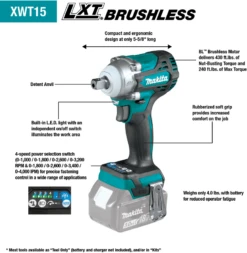 Makita XWT15Z 18V LXT Brushless Cordless 1/2" Square Drive Impact Wrench W/ Detent Anvil (Tool Only) -Famous Tool Store d242e741 75b0 4186 b9fe b98bc73903d1 xwt15 fc 1500px